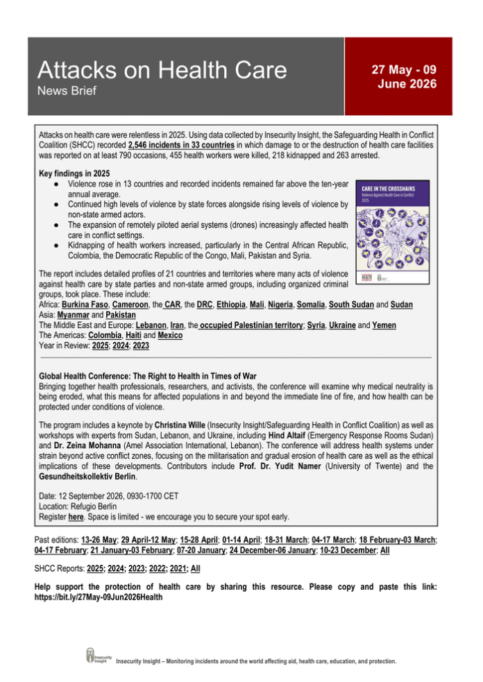 Attacks on Health Care Bi-Monthly News Brief, 27 May-09 June 2026