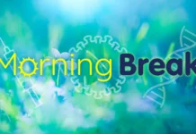 Mystery Pneumonia Death Sparks Concern; Trader Joe’s Recall; OUD in Young People Morning Break over illustration of a syringe, Covid virus, and DNA helix over a photo of green vegetation.
