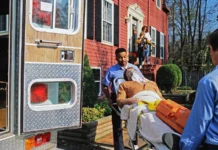 Heart Failure Report: U.S. Headed for Dangerous Territory A photo of paramedics wheeling a man on a gurney from his house to an ambulance as his family looks on.